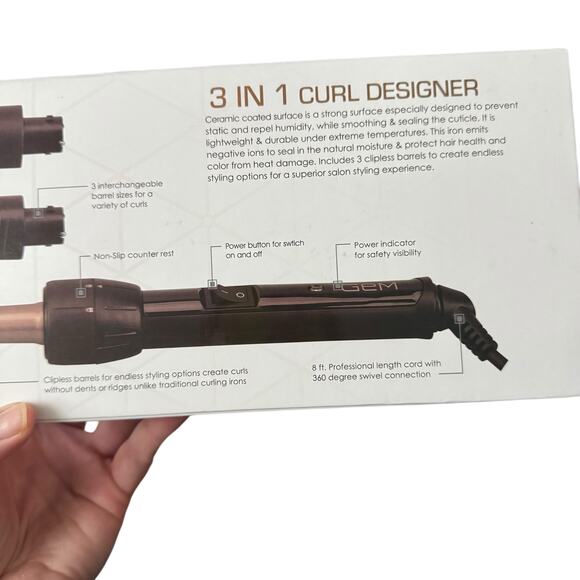 GEM 3 in 1 CURL Designer Professional Ceramic Curler Styling Iron New In Box NIB - Picture 12 of 16